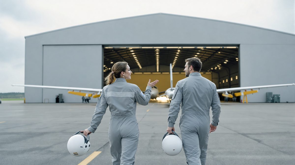 Szene aus einem KI-generierten Film-Trailer: zwei Testpiloten gehen im Gespräch auf den offenen Hangar zu
