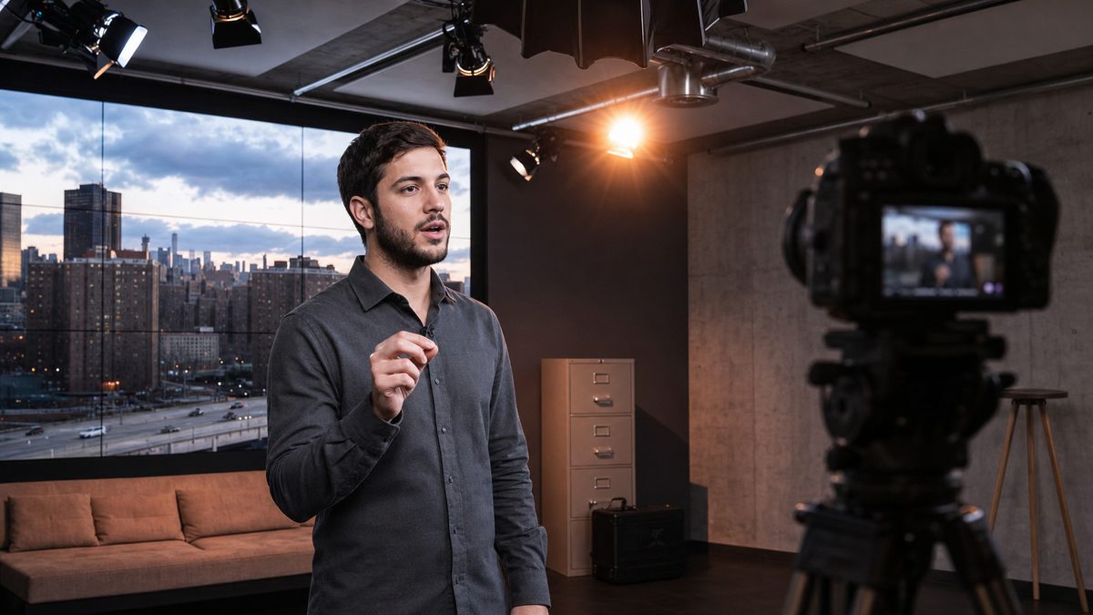 Teilnehmer spricht im Videostudio von Studio 1 direkt in die Kamera und betont mit einer Geste sein Kernargument