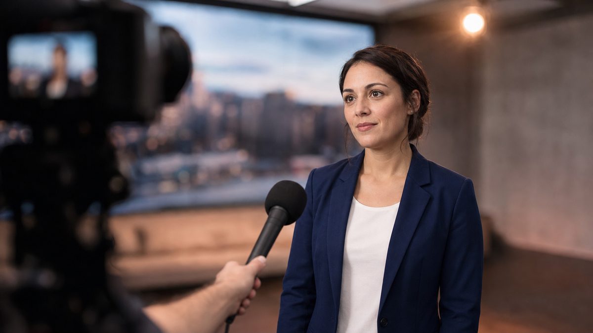 Interviewsituation im Videostudio: eine Frau bleibt ruhig, während ihr ein Journalist das Handmikrofon hinhält