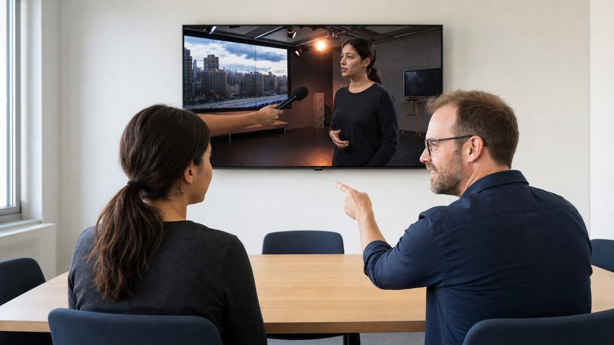 Teilnehmerin und Trainer sehen sich gemeinsam die Videoaufnahme auf einem Monitor an