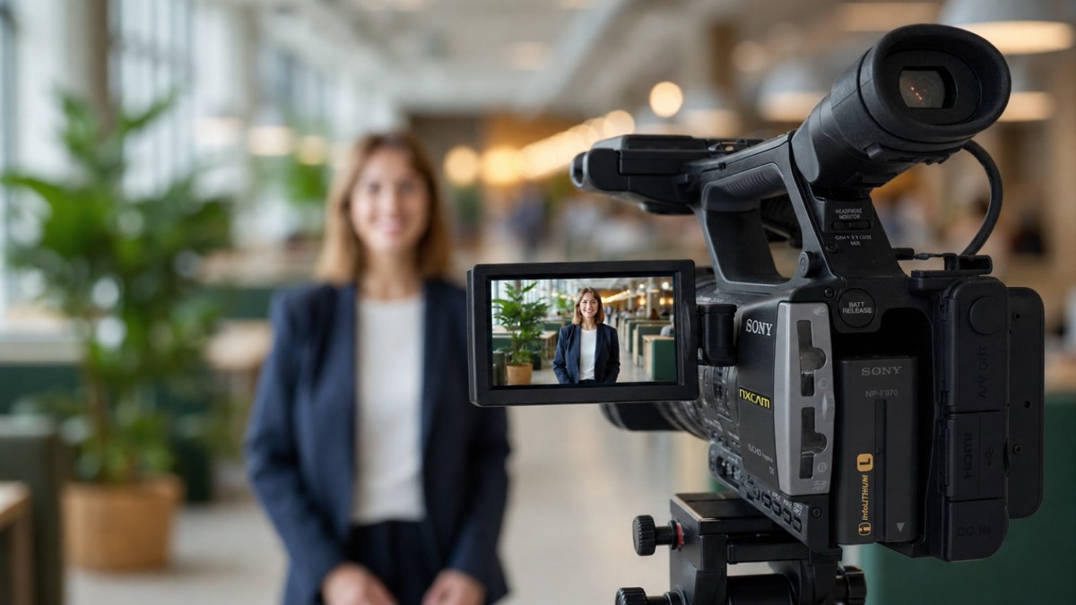 Blick auf den Klappmonitor einer Kamera, darauf die Interviewpartnerin im Büro
