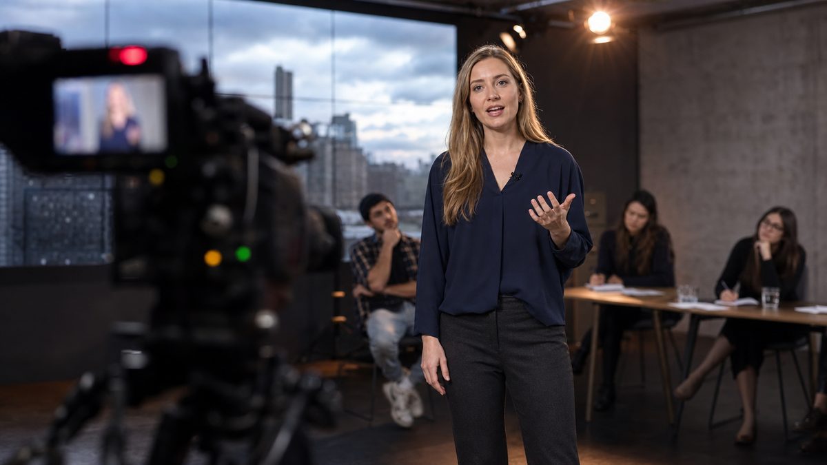 Teilnehmerin steht aufrecht im Videostudio und spricht mit offener Geste vor der laufenden Kamera