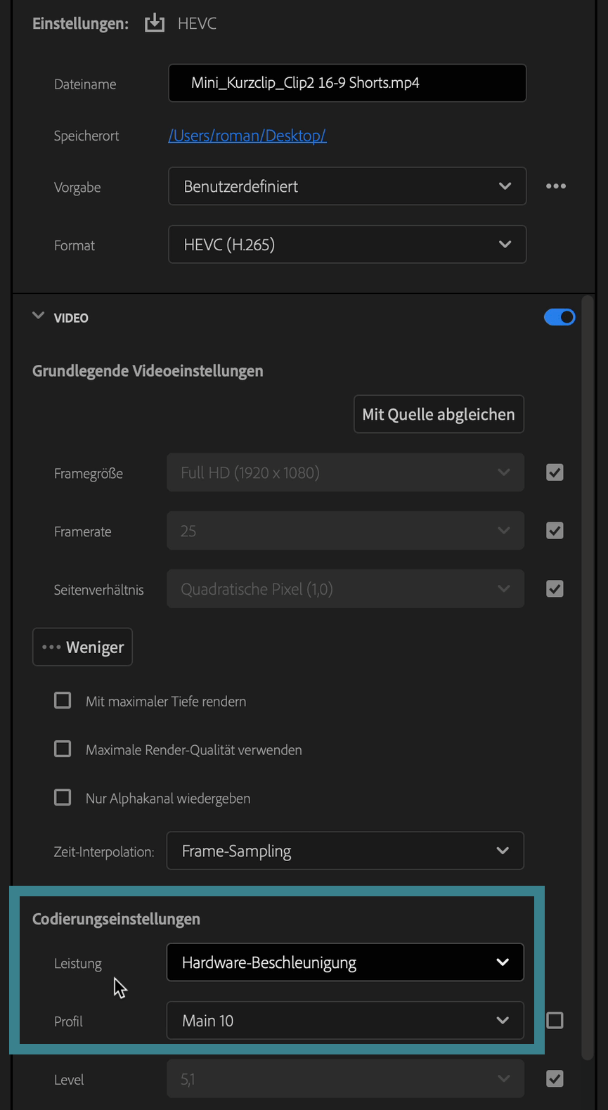 Schnellerer Export von H.265-Clips