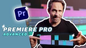 Roman Lehmann zeigt auf zwei bunte Zeitleisten für die Videobearbeitung; das Premiere Pro-Logo und "Premiere Pro Kurs Advanced November 2023" werden auf einer verschwommenen Oberfläche angezeigt.