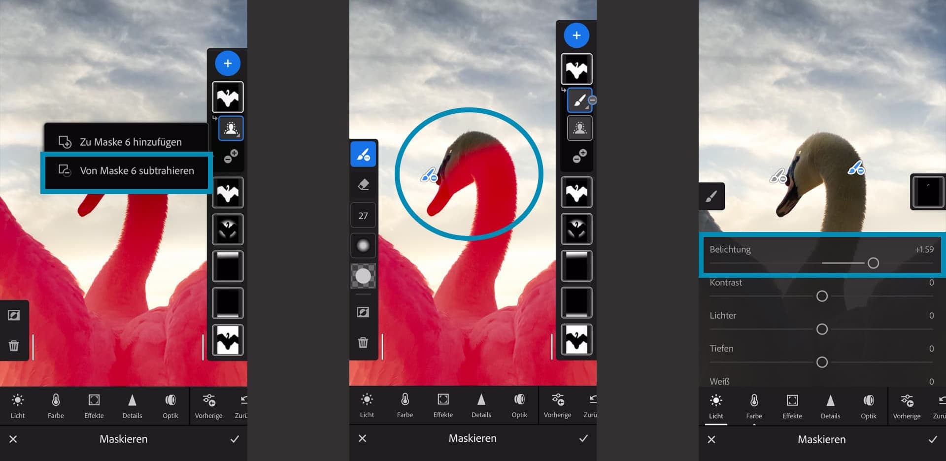 In Lightroom mobile Teilbereich des Motivs mit Maske Pinsel aufhellen