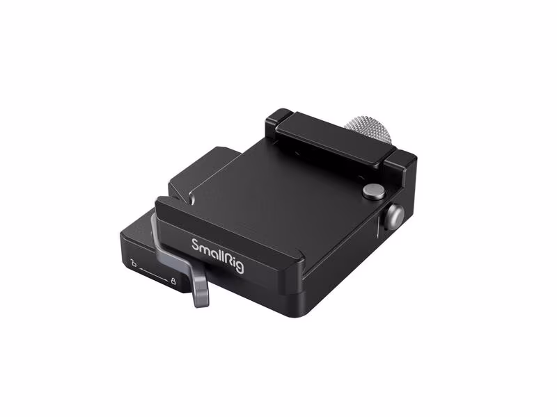 Schwarze SmallRig-Smartphone-Klemme mit Knopf und Logo auf einem schlichten weißen Hintergrund.