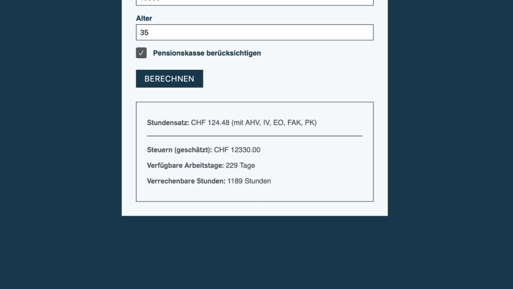 Gehaltsrechner-Screenshot für Alter 35 mit Pension, Stundensatz CHF 124.48, Steuern CHF 12'230, 229 Arbeitstage und 1'189 abrechenbare Stunden.
