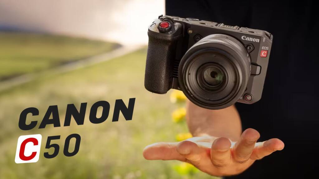 Hand unter der schwebenden Canon EOS C50 Kamera, unscharfer grüner Hintergrund, links der Text "CANON C50".