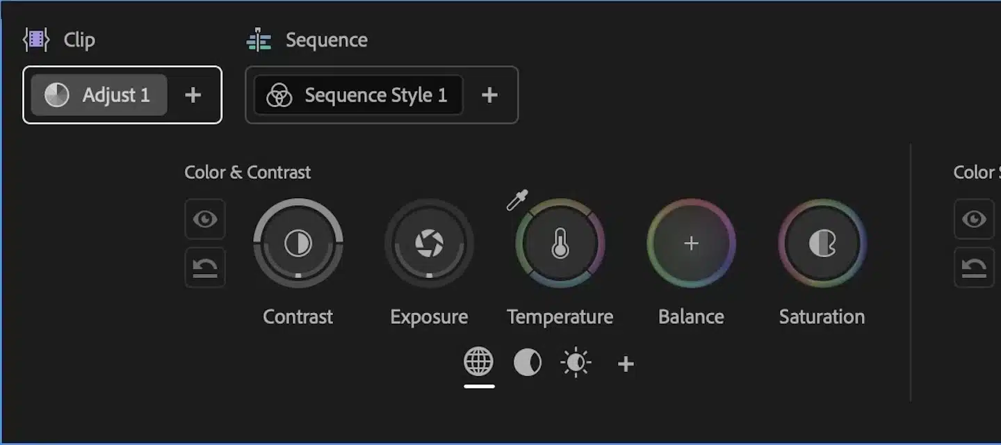 Bildbearbeitungsoberfläche mit Reglern für Kontrast, Belichtung, Temperatur und Balance auf einem dunklen, von Premiere Pro inspirierten Hintergrund.