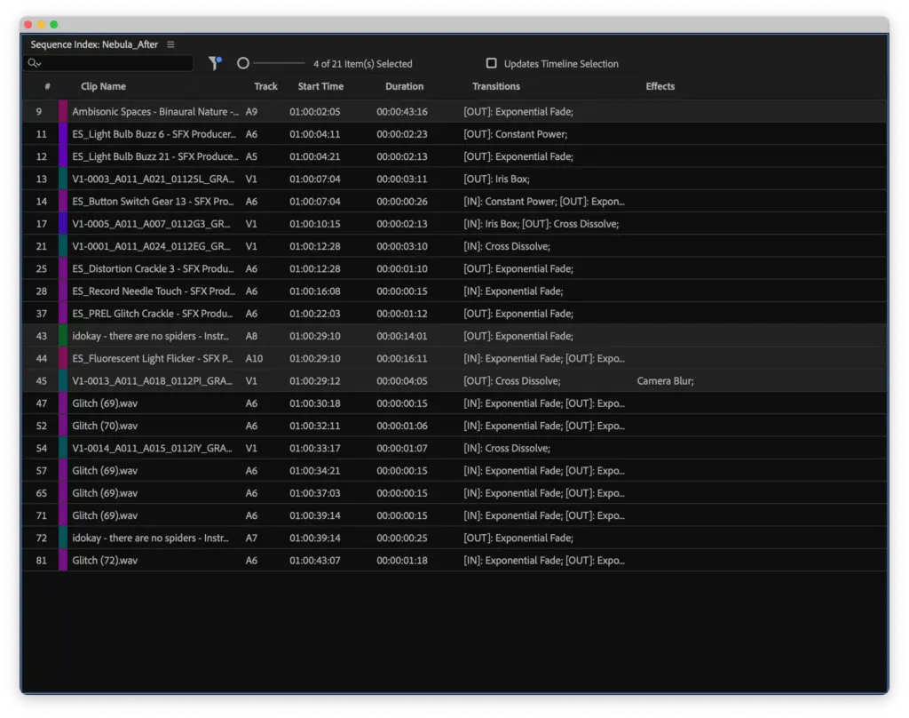 Adobe Premiere Pro Sequence Index Panel – Timeline-Übersicht aller Clips, Effekte und Medien