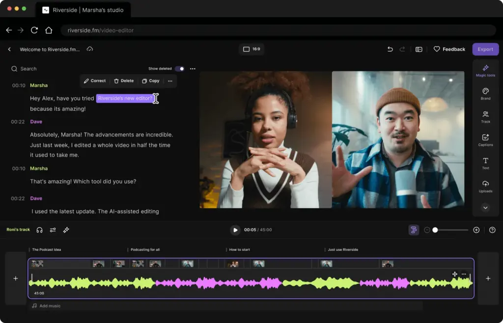 Riverside.fm mit zwei Gesprächspartnern, Chat auf der linken Seite, Zeitleiste für die Audiowellenform und Schaltflächen zum Bearbeiten/Exportieren am oberen Rand.