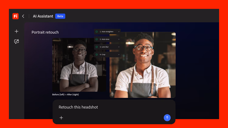 Screenshot der Adobe Firefly AI Assistant Beta in Photoshop: Links ein unscharfes Porträt eines Mannes mit Brille und Schürze (Before), rechts das gleiche Porträt mit verbesserter Hautstruktur und Augen (After). Rechts eine Checkliste mit vier Retusche-Schritten. UI-Element unten: Button zum Retuschieren.