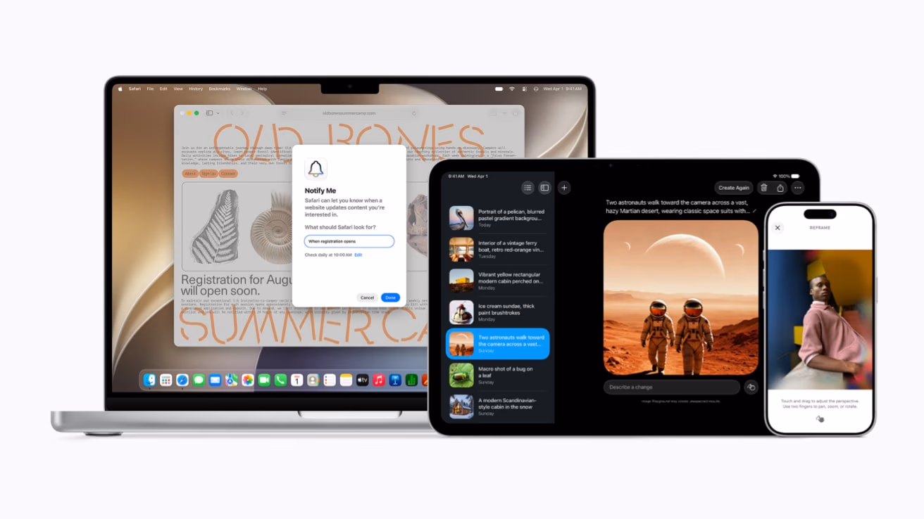 Apple Photos Extend-Feature in iOS 27: Portrait wird durch Zoom-Geste nach aussen erweitert, KI füllt den fehlenden Hintergrund kohärent auf.