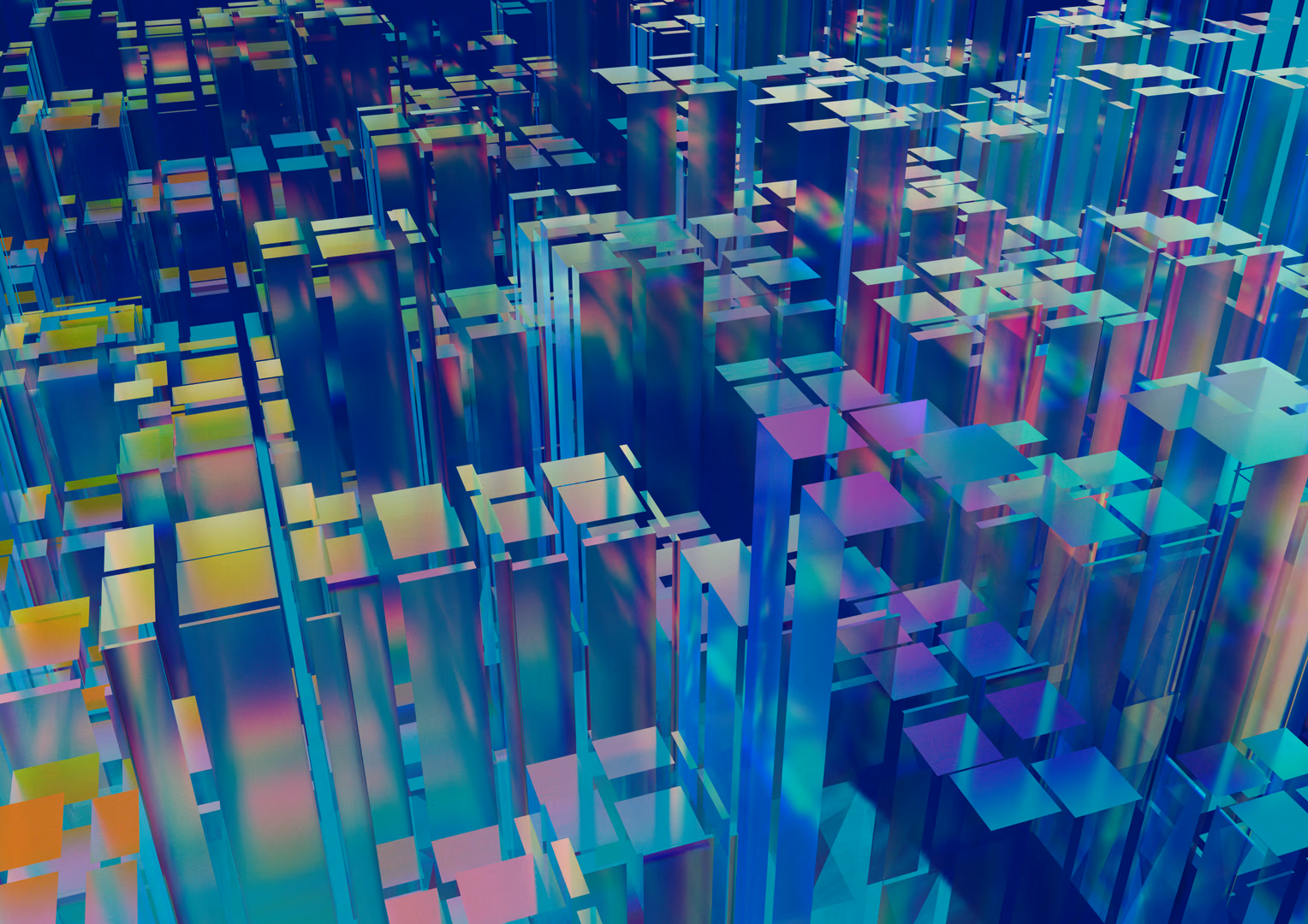 Abstrakte 3D-Ansicht von bunten, gestapelten Würfeln und Blöcken – Metapher für prozedurale Datenfluss-Visualisierung in Cavalry.