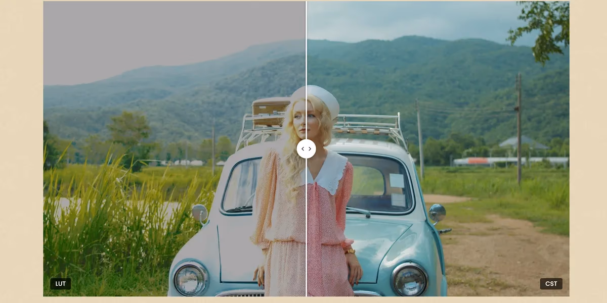 Split-Screen-Vergleich einer Frau vor vintage VW-Käfer und Berglandschaft: Linke Seite (LUT) mit Farbstich, rechte Seite (CST) mit korrekter Farbwiedergabe. Navigations-Pfeile in der Bildmitte.