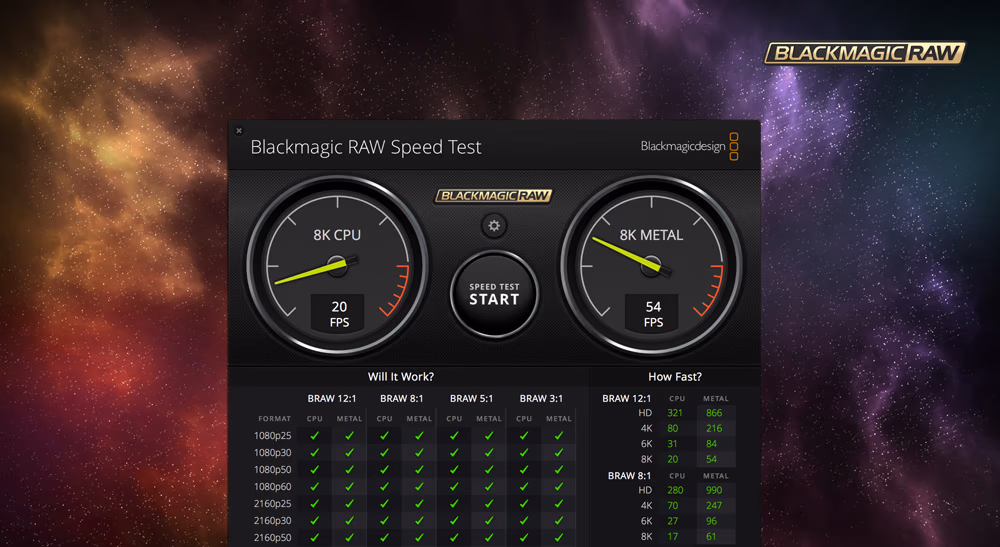 Screenshot des Blackmagic Disk Speed Test Tools – empfohlen zur Erkennung gefälschter SD-Karten anhand echter Lese- und Schreibgeschwindigkeit.