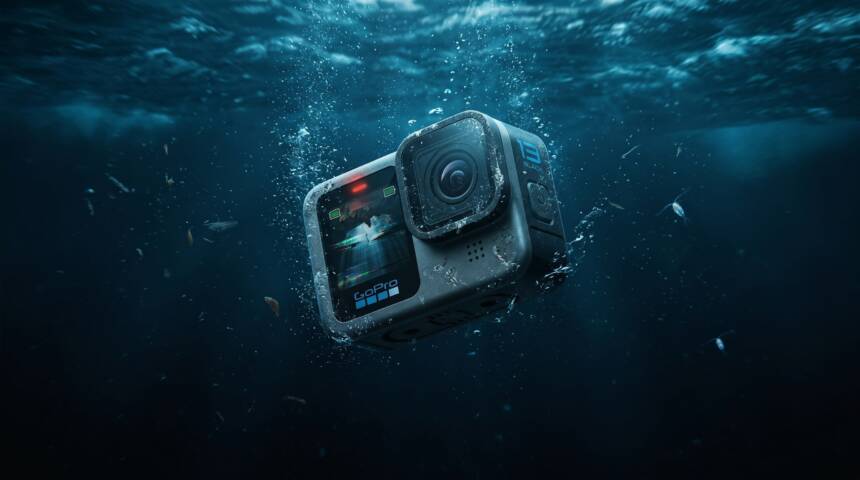 Unterwasser-GoPro-Kamera mit Blasen und Partikeln, schimmernder Wasseroberfläche darüber und schwacher Reflexion auf dem Bildschirm.