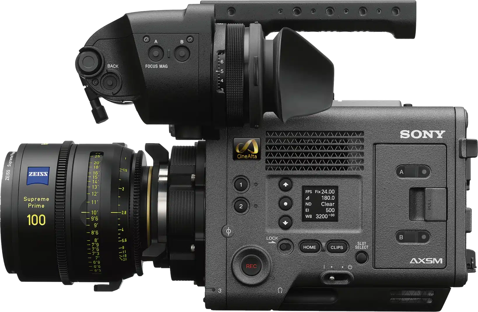 Seitenansicht einer Sony Venice 2 Filmkamera mit montiertem elektronischem Sucher und Tragegriff oben, seitlichem Bedienfeld mit Display und grossem Zeiss-Objektiv vorne.