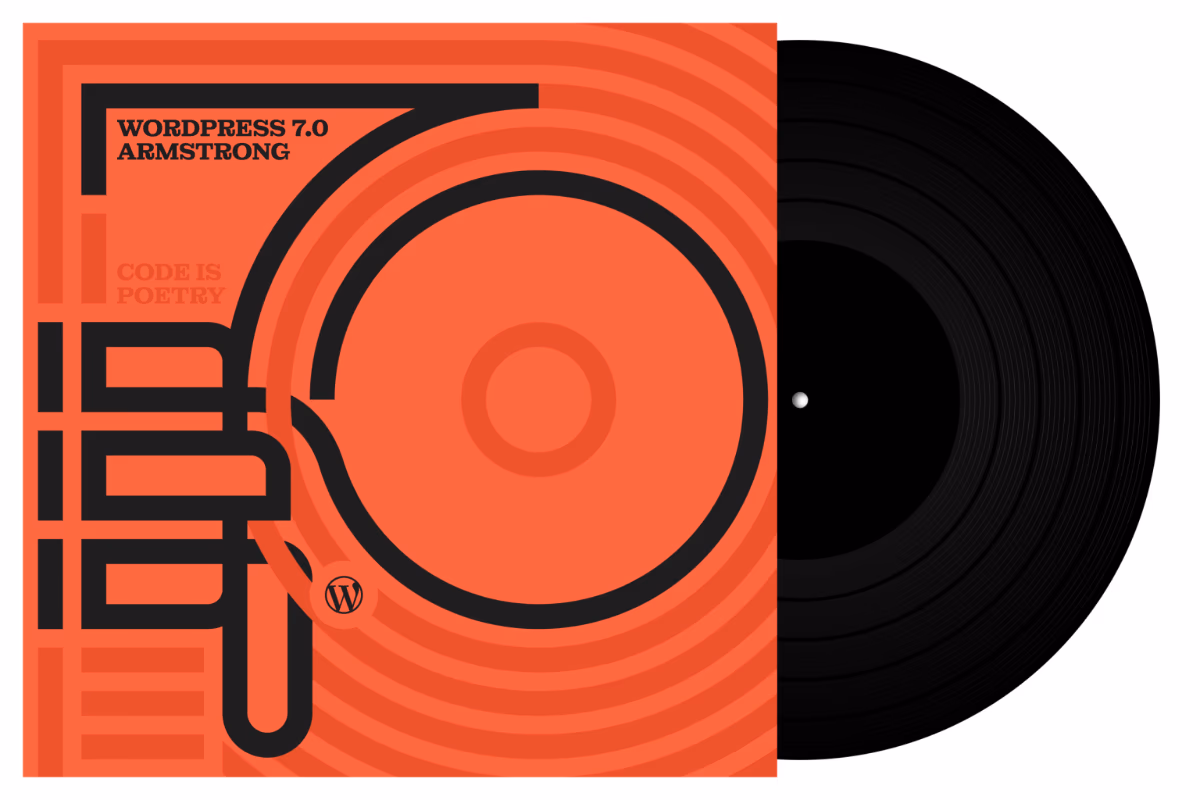 WordPress 7.0 Armstrong Release – Vinyl-LP mit roter Sleeve, Code Is Poetry und stilisiertem Headphone-Symbol als Metapher für die neue KI-Infrastruktur im Core.