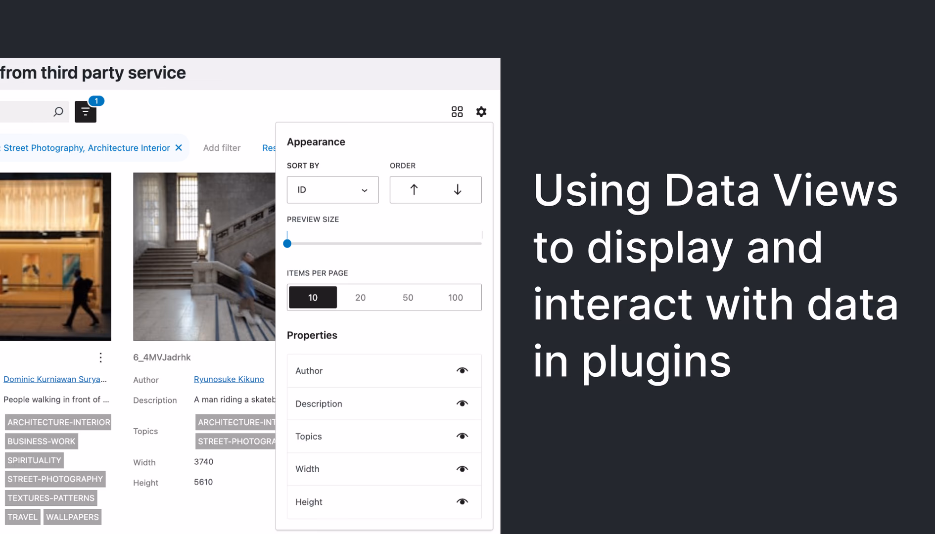 WordPress-Admin-Interface zeigt DataViews-Panel mit Sortier- und Filter-Optionen, Preview-Größe-Slider, Items-per-Page-Einstellungen und Properties-Liste – eines der zentralen neuen Features in WordPress 7.0.