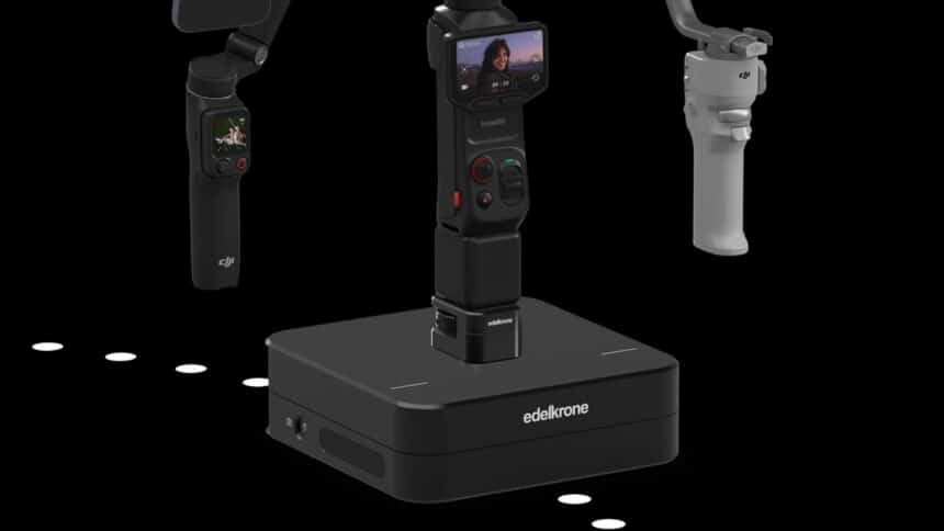 Schwarze edelkrone Dolly GO auf einer Basis, darauf ein Gimbal mit 360-Grad-Kamera; daneben Smartphone-Gimbal und DJI-Gimbal