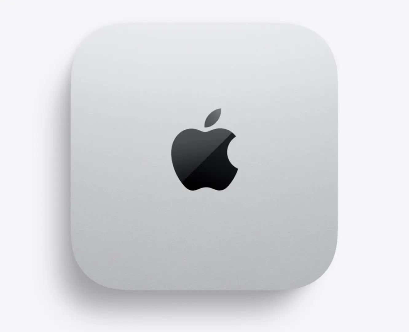 Quadratisches, silbernes Apple-Gerät mit abgerundeten Ecken und schwarzem Apple-Logo auf der Oberseite.