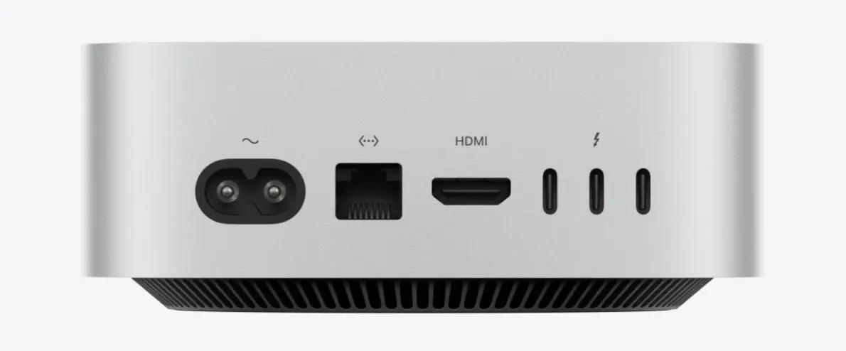 Rückseite des Apple Mac mini mit Stromanschluss, Ethernet, HDMI und drei USB-C-Anschlüssen.