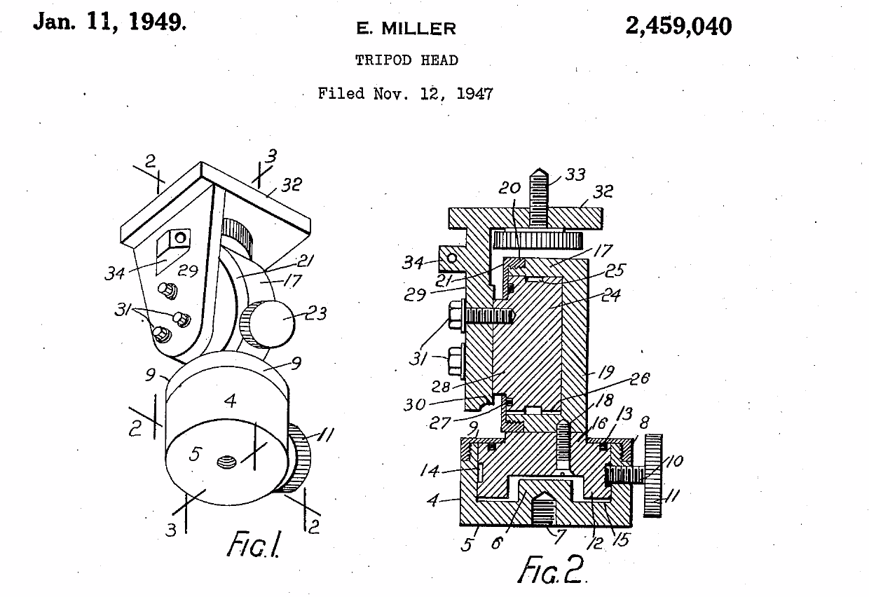 Blatt 1 des US-Patents 2,459,040 von Eric Miller mit den technischen Zeichnungen des ersten Fluidkopfs, erteilt am 11. Januar 1949.