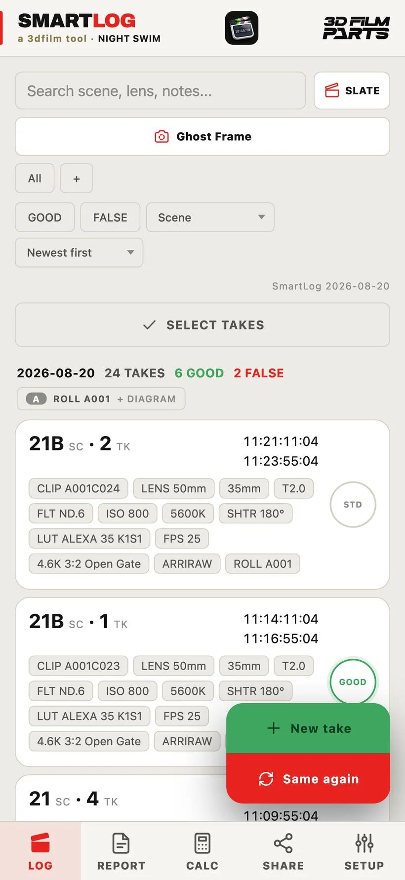 Der Bildschirm der Filmprotokoll-App zeigt die Takes für Szene 21B aus „Night Swim“ an, einschließlich Kameraeinstellungen, Zeitstempel, den Markierungen „GOOD“ oder „FALSE“ sowie den Schaltflächen „Neu“ und „Gleich“ am unteren Rand.