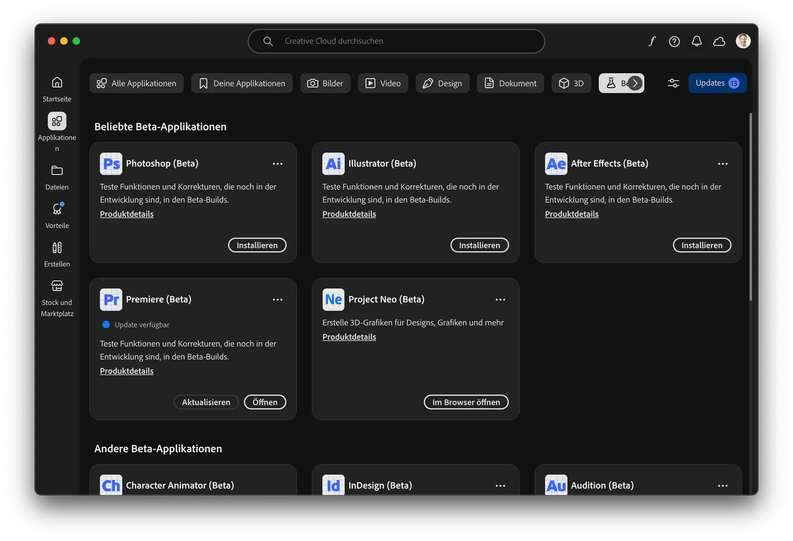 Die Adobe Creative-Cloud-Desktop-App zeigt den Bereich «Beta» mit der After Effects Beta und weiteren Apps wie Photoshop, Illustrator, Premiere und Project Neo.