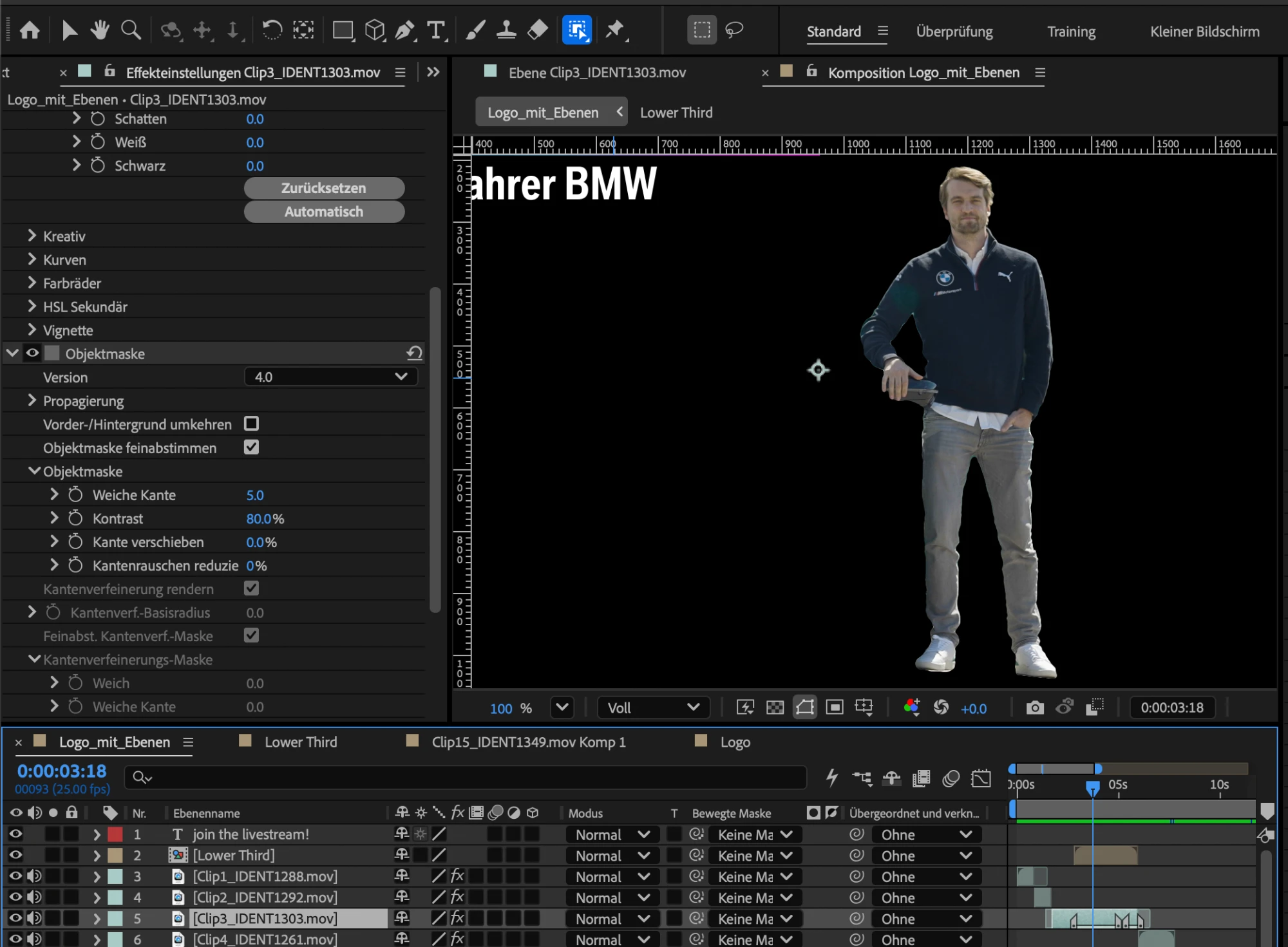 After Effects Beta mit dem Effekt Objektmaske Version 4.0: eine freigestellte Person vor schwarzem Hintergrund, links die Effekteinstellungen.