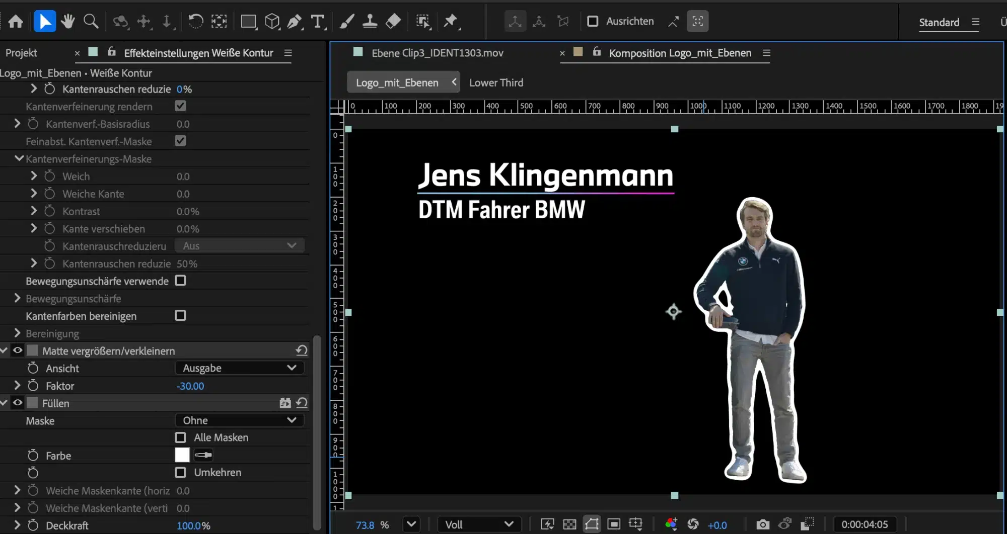 After Effects Beta: freigestellte Person mit weisser Kontur in der Komposition, links die Effekteinstellungen mit Matte vergrössern/verkleinern Faktor −30 und Füllen weiss.