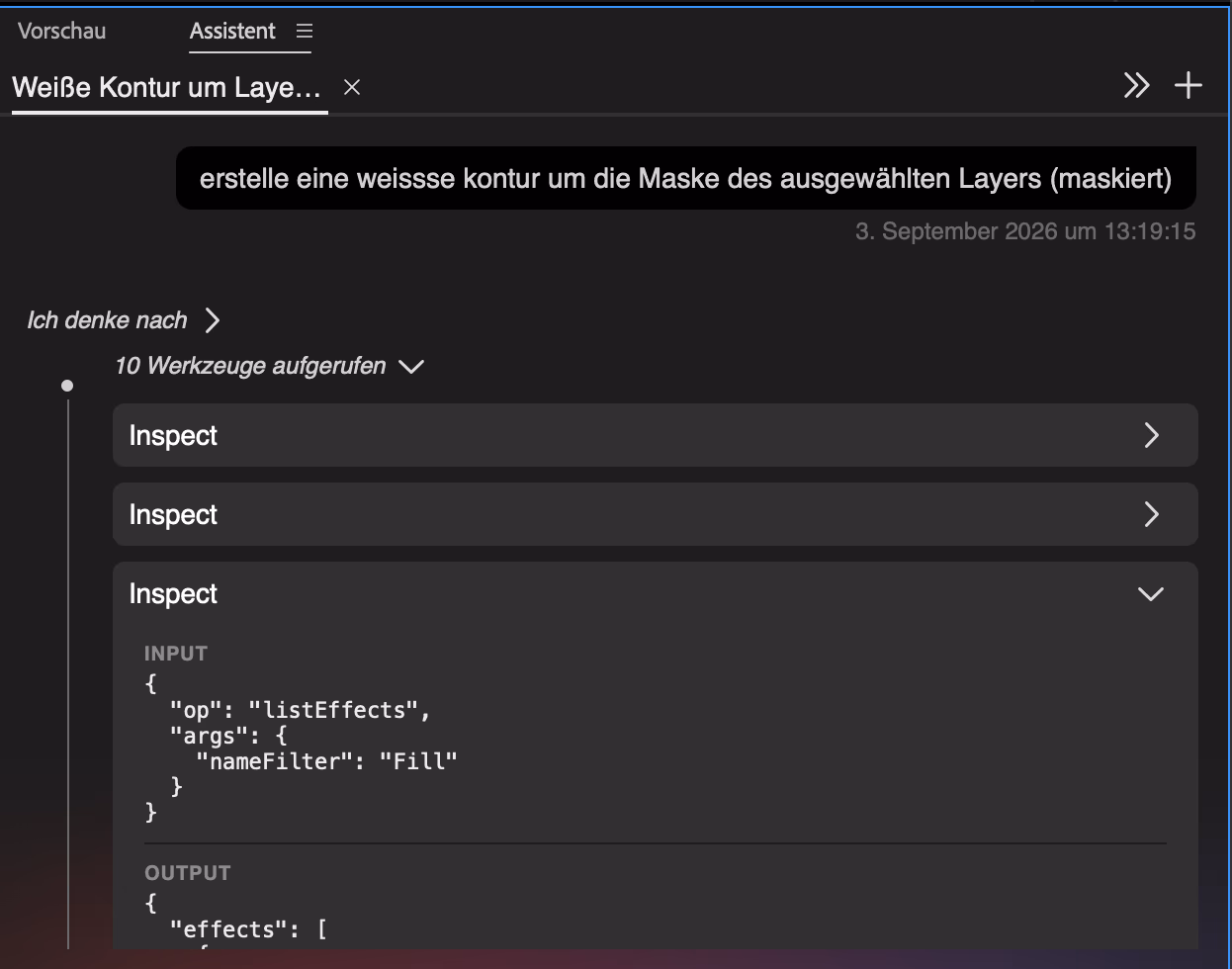Das Assistent-Panel in After Effects mit der Aufgabe «weisse Kontur um die Maske» und aufgeklappten Werkzeug-Aufrufen, darunter die Suche nach einem Fill-Effekt.