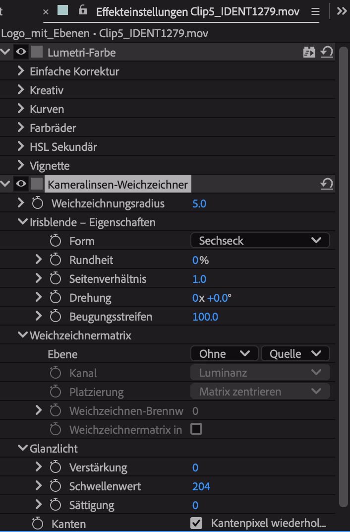 Das modernisierte Effekteinstellungsfenster der After Effects Beta mit Lumetri-Farbe und Kameralinsen-Weichzeichner.