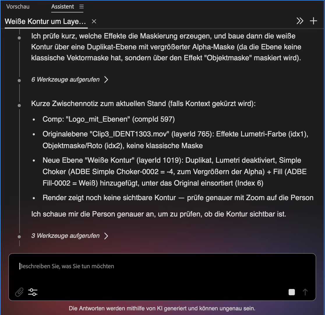 Zwischennotiz des Assistenten: Duplikat-Ebene «Weisse Kontur» mit Choker und Fill angelegt, Render zeigt noch keine sichtbare Kontur, prüfe genauer mit Zoom auf die Person.