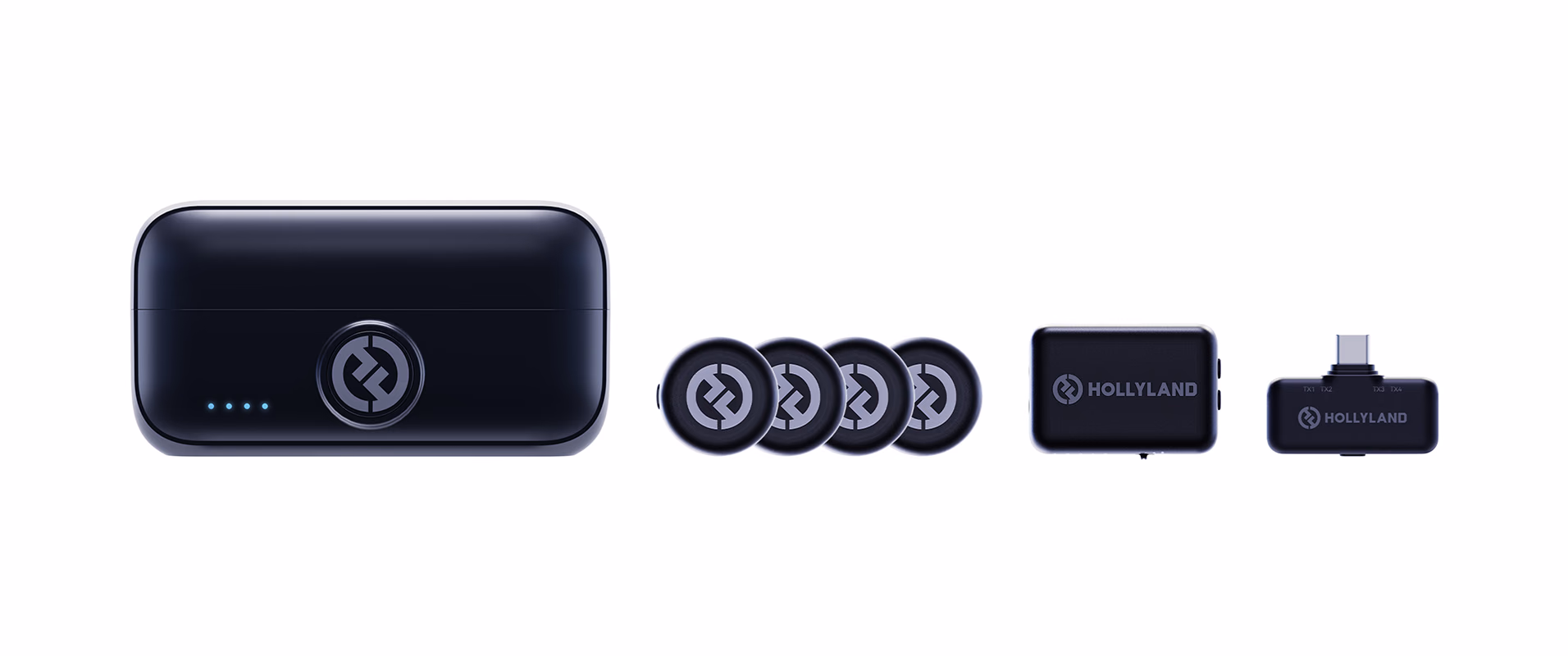 Hollyland LARK M3: Ladecase, vier runde Sender, Kameraempfänger und USB-C-Empfänger auf weissem Hintergrund.