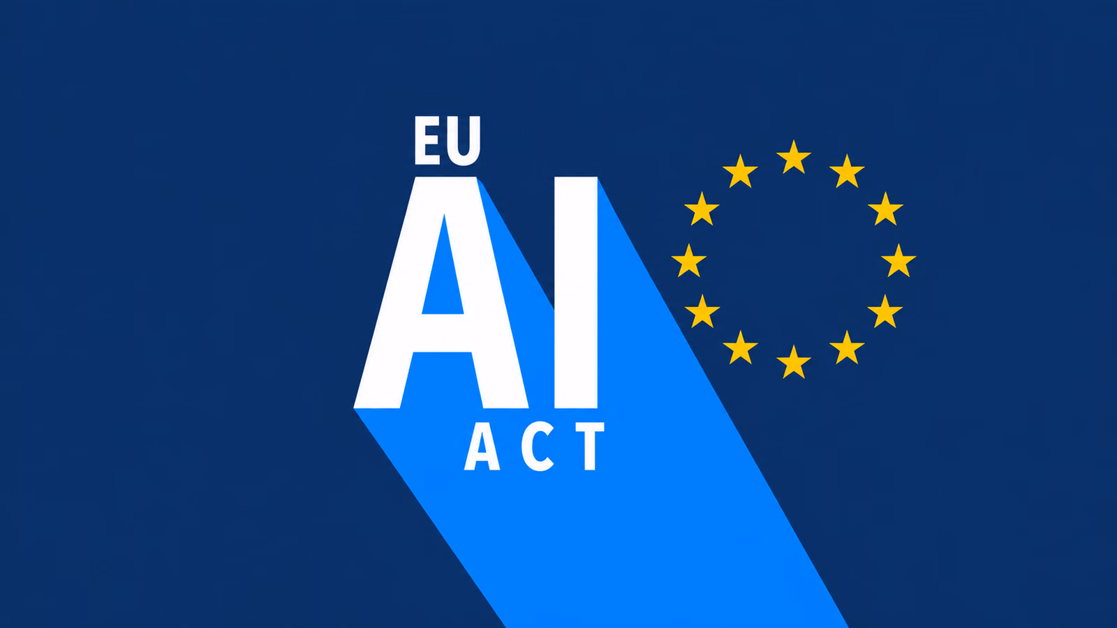 Weisser Schriftzug EU AI ACT mit blauem Schatten und gelben Sternen auf dunkelblauem Hintergrund.