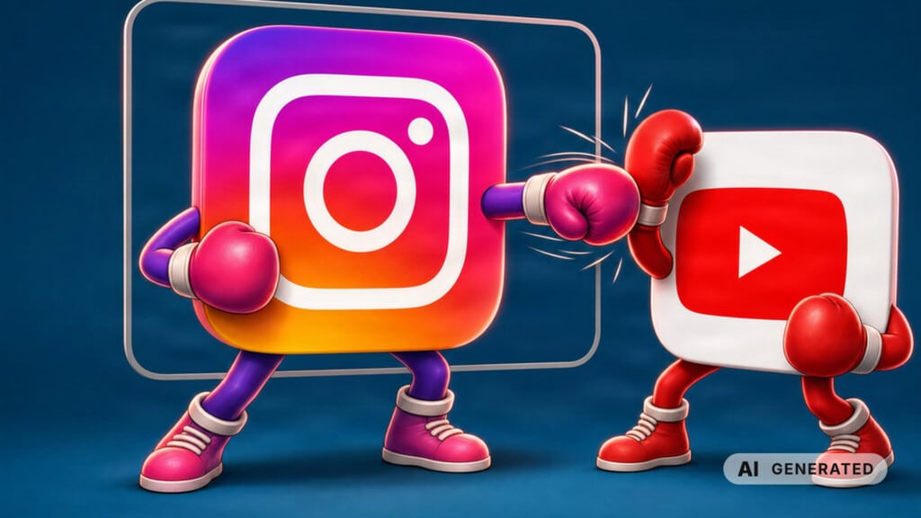 Comicartige Instagram- und YouTube-Logos mit Boxhandschuhen kämpfen in einem Boxduell.