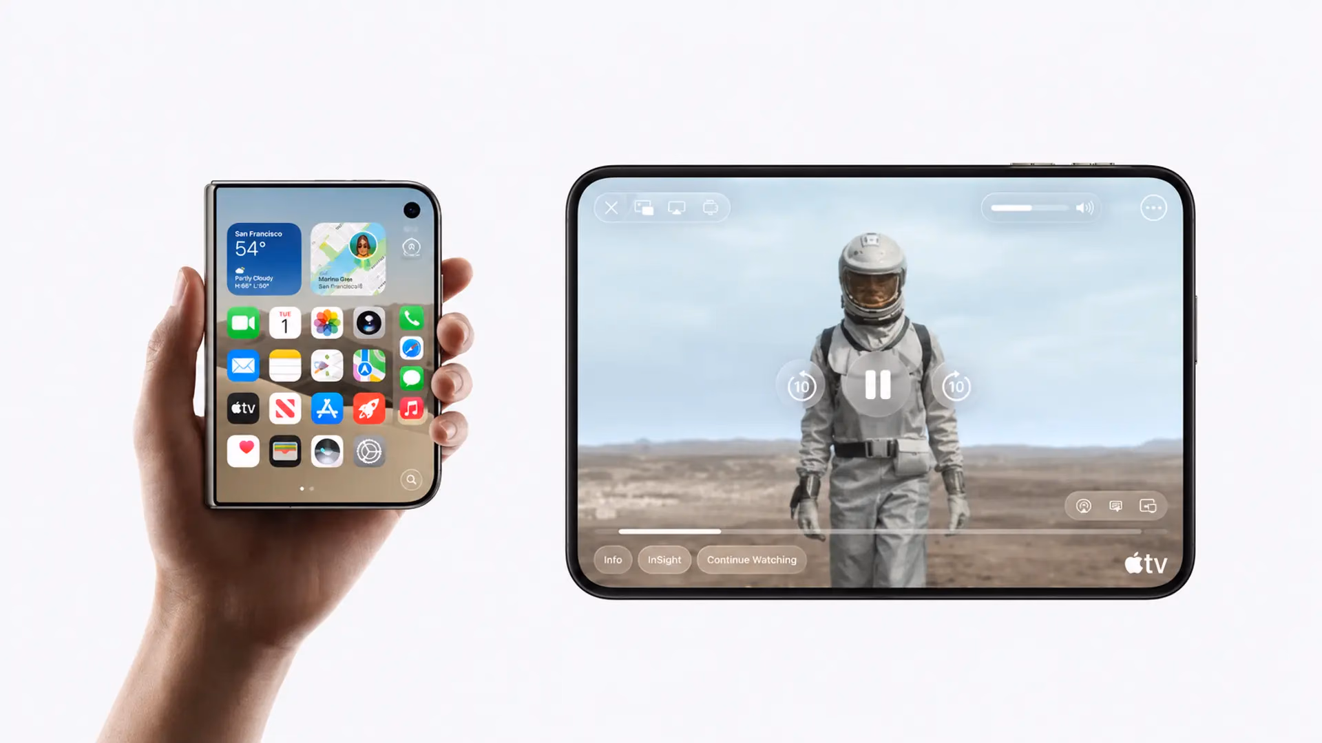 iPhone Duo: links das geschlossene Gerät in der Hand, rechts das aufgeklappte Gerät mit Video.