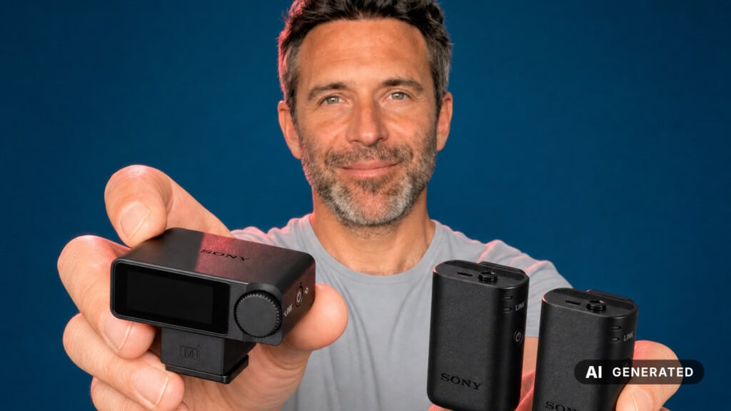 Mann präsentiert einen Sony-Empfänger mit Display und Kameraschuh sowie zwei schwarze Funksender.