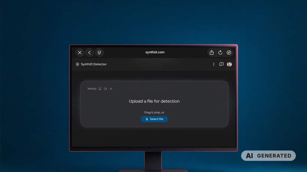 Monitor mit geöffneter Upload-Oberfläche des SynthID Detector auf synthid.com und Schaltfläche zur Dateiauswahl.