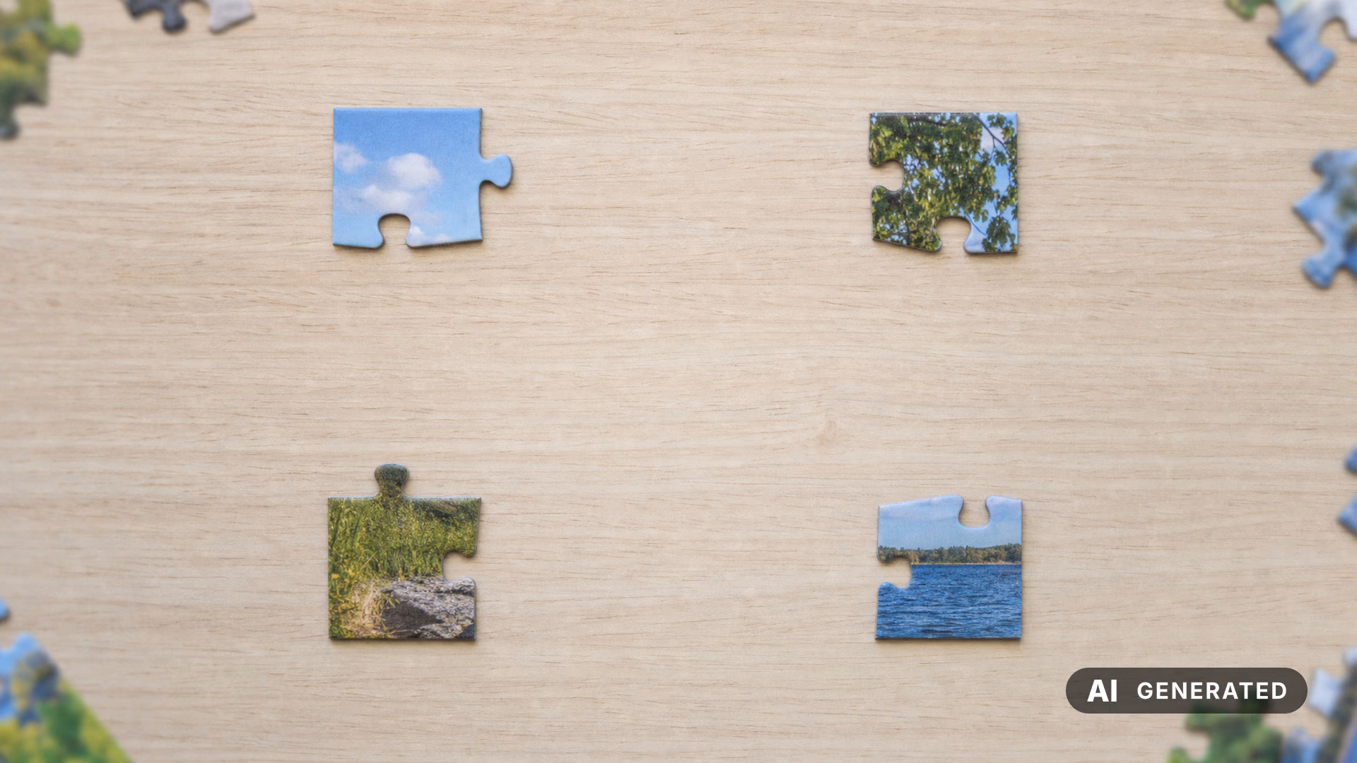 Auf einem Holztisch liegen vier einzelne Puzzleteile weit voneinander entfernt: zwei mit Landschaftsmotiven, eines mit Himmel und eines mit Vegetation.