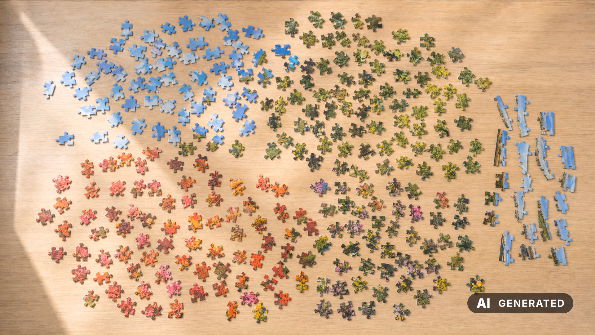 Auf einem Holztisch liegen zahlreiche lose Puzzleteile mit der Bildseite nach oben, nach Farben gruppiert; rechts liegen blaue Randteile. Kein Teil ist verbunden.