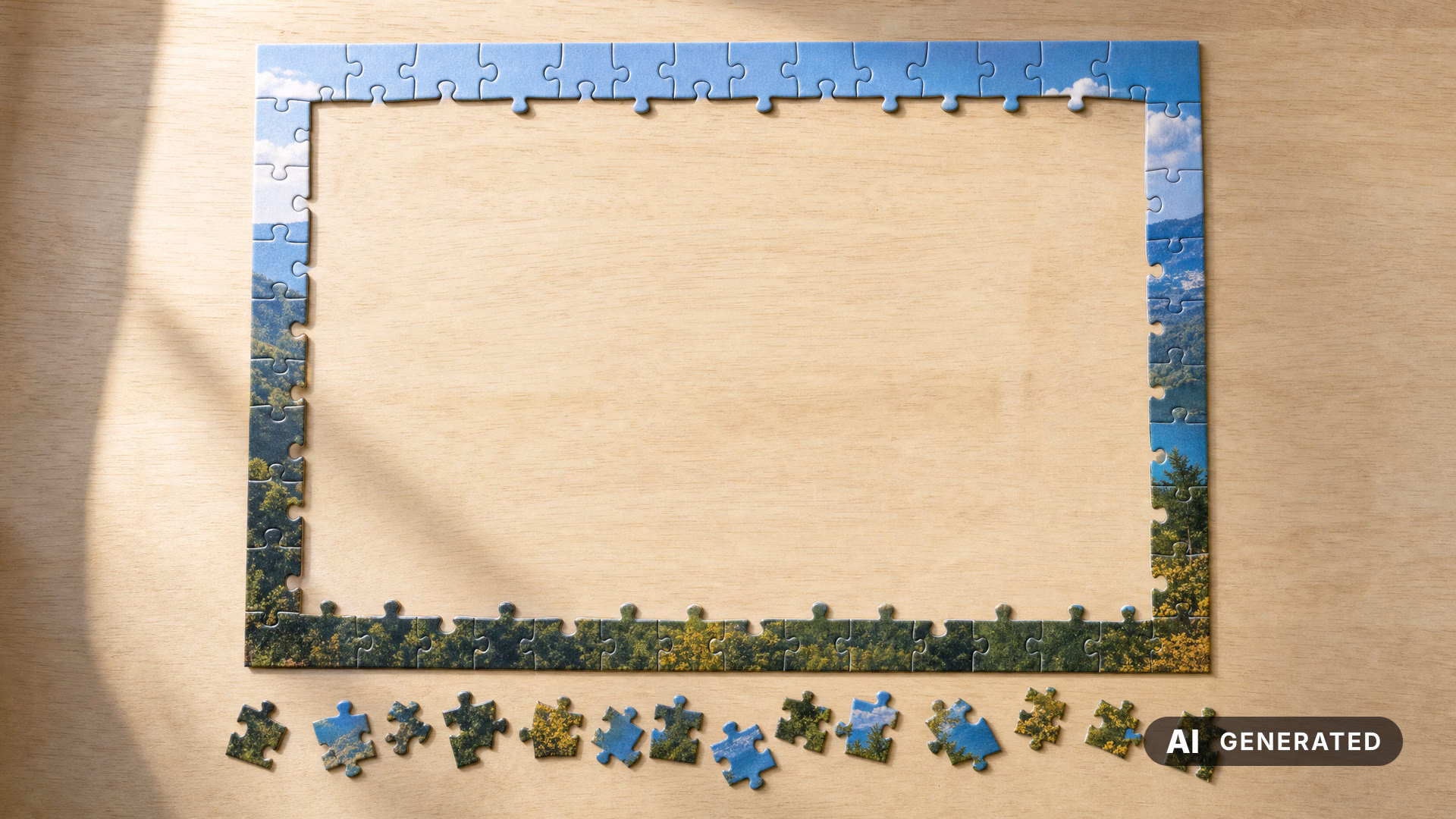 Auf einem Holztisch liegt ein fast vollständiger rechteckiger Puzzle-Rahmen aus Landschaftsteilen; die Innenfläche ist leer. Darunter liegen einzelne Puzzleteile.