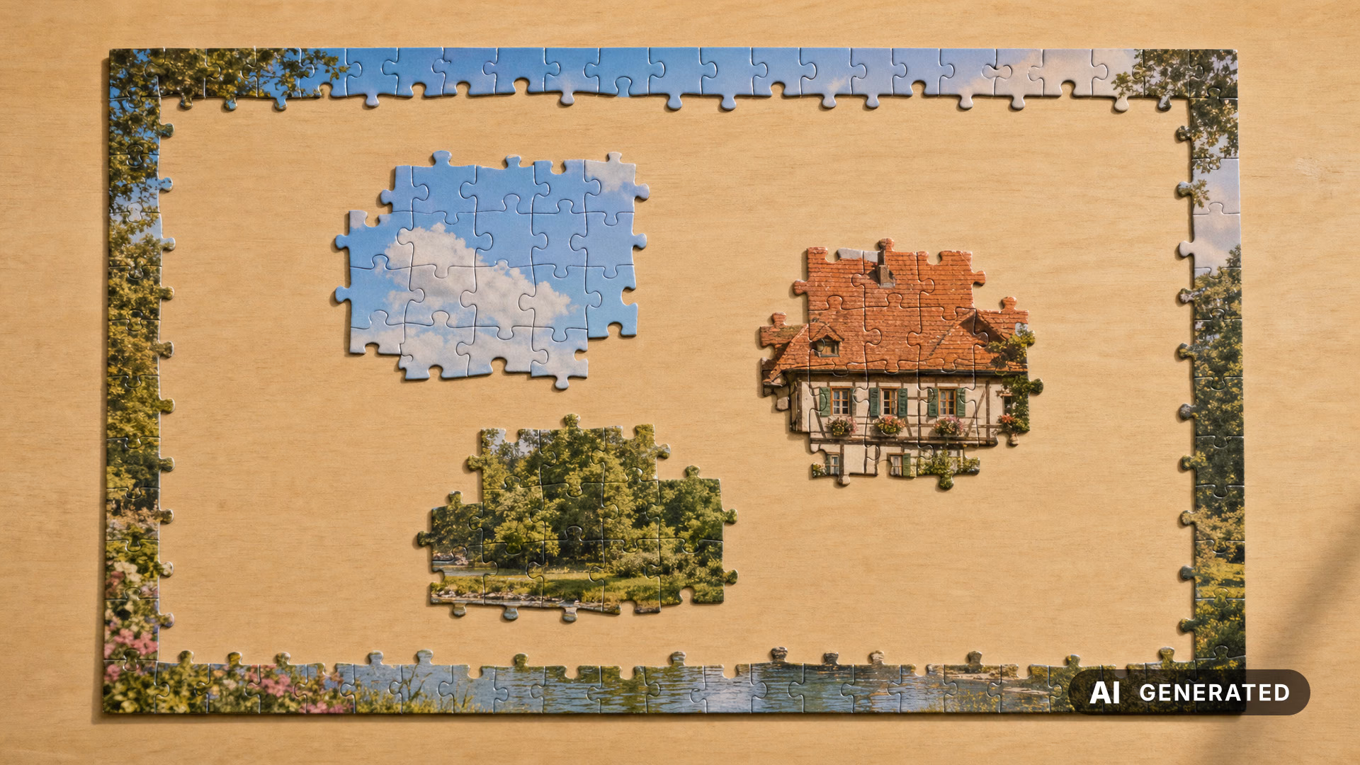 Auf einem Holztisch liegt ein nahezu vollständiger Puzzlerahmen. In der Mitte stehen getrennte Inseln aus Himmel, Landschaft und einem Haus; dazwischen sind grosse Lücken.