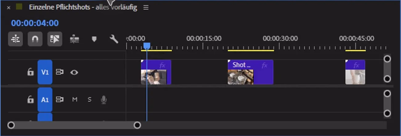 Premiere-Pro-Timeline mit drei violett markierten Videoclips: einer kurz nach 3 Sekunden, einer etwa bei 20 Sekunden und einer bei 43 Sekunden; dazwischen liegen Leerstellen.