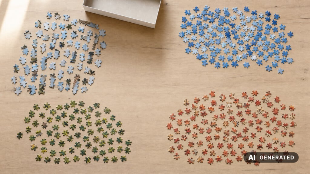 Auf einem Holztisch liegen vier nach Farben sortierte Gruppen loser Puzzleteile: helle, blaue, grüne und rote Teile; daneben