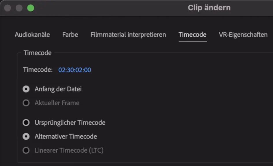 Dialog «Clip ändern» in Premiere Pro, Reiter Timecode: Der Timecode ist auf 02:30:02:00 gesetzt, gewählt ist «Alternativer Timecode».