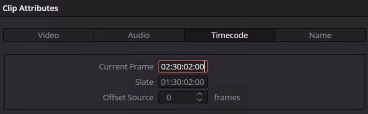Dialog «Clip Attributes» in DaVinci Resolve, Reiter Timecode: Im Feld Current Frame steht 02:30:02:00, darunter Slate 01:30:02:00 und Offset Source 0 frames.