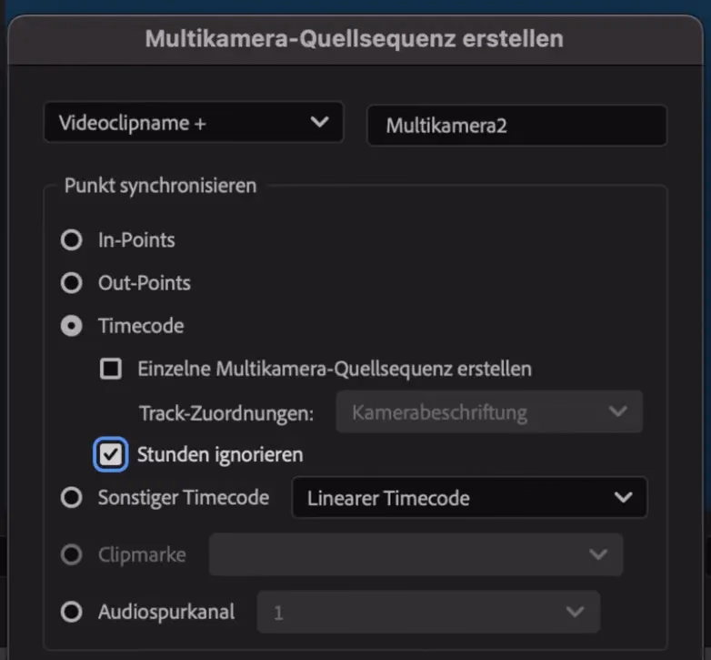 Dialog «Multikamera-Quellsequenz erstellen» in Premiere Pro: Unter «Punkt synchronisieren» ist Timecode gewählt und das Häkchen bei «Stunden ignorieren» gesetzt.